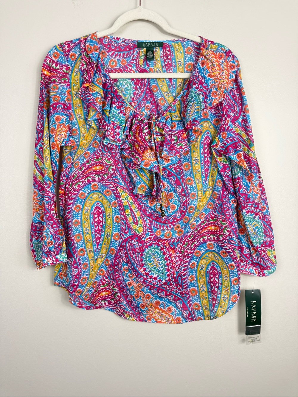 Lauren Ralph Lauren Paisley Ruffle Cotton Peasant Top Womens Small Pink Blue NWT